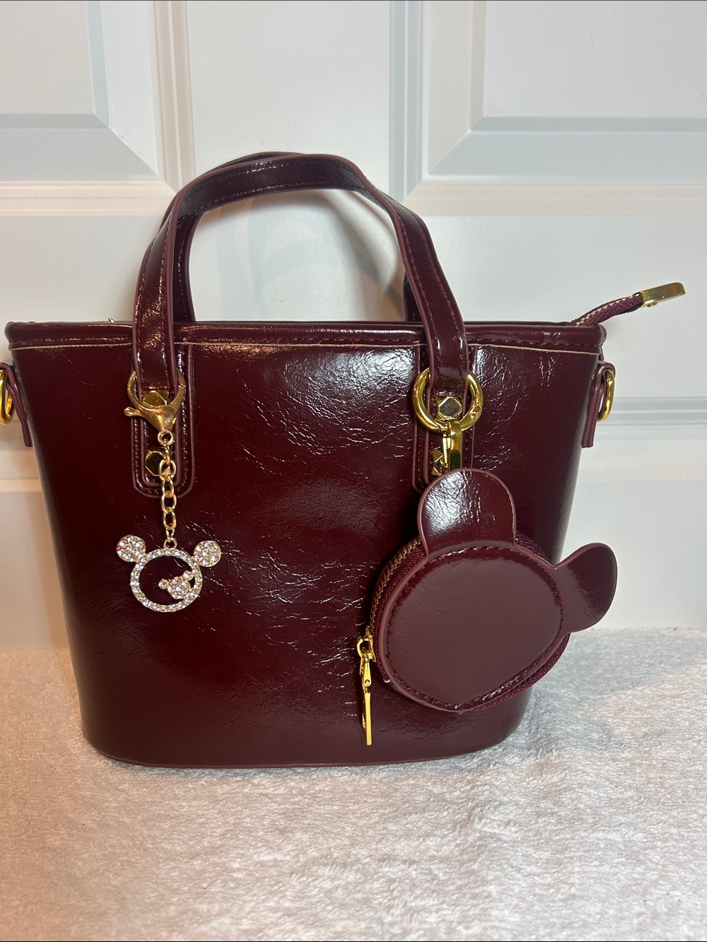 Women's Burgundy Patent Top-Handle Satchel with Coin Pouch and Crossbody Option